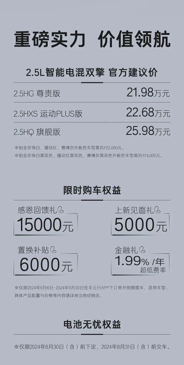 凯美瑞2.5L混动车型上市 售21.98起 动力静谧性提升